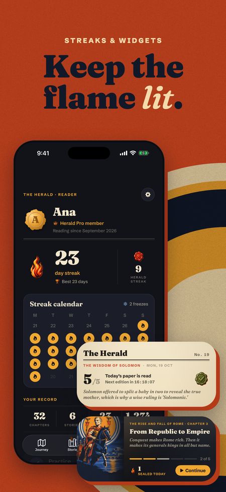 Profile with a 23-day streak and widgets.